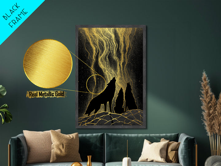 Howling Wolves Under Golden Sky Metallic Gold Art Metal Art Norse Mythology Nordic Decor Man Cave or Office framed in solid wood