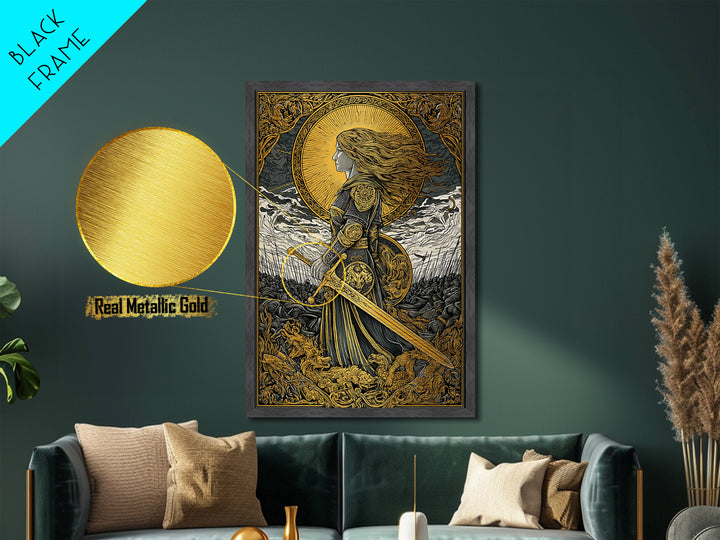 Valkyrie Warrior Metallic Gold Art Metal Art – Norse Mythology Wall Decor, Office or Man Cave Gift, framed in natural wood