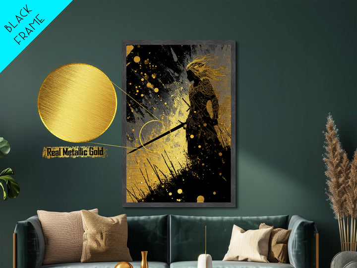 Nordic Warrior Silhouette Metallic Gold Art Metal Art – Viking Mythology Wall Art for Dad Gift or Office, in real wood frame