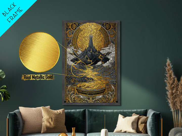 Muspelheim Fire Mountain Metallic Gold Art Metal Art | Viking Mythology Lava Landscape Wall Art | Natural Wood Frame Included
