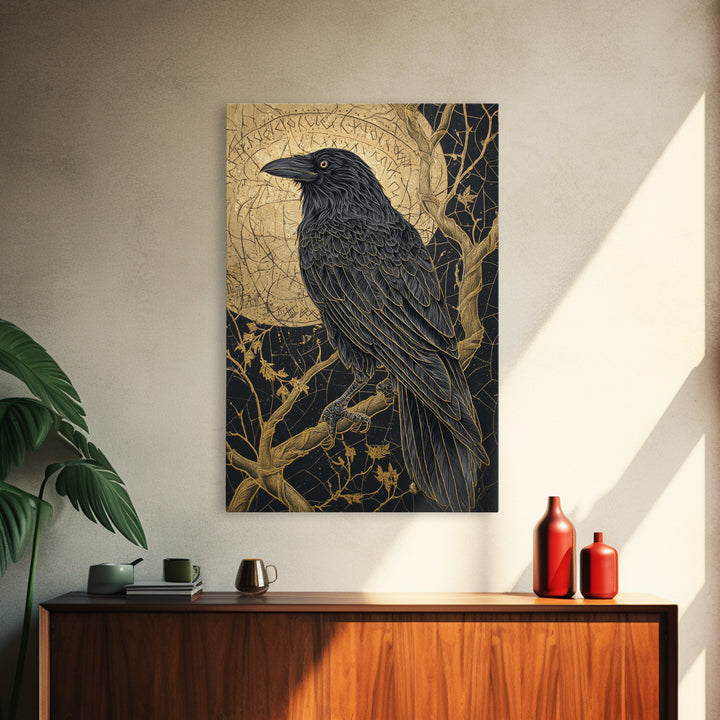 Odin’s Raven Canvas Gold Art Canvas Art | Norse Mythology Bird Symbol Wall Decor for Office or Dad Gift | Set in Real Wood Frame