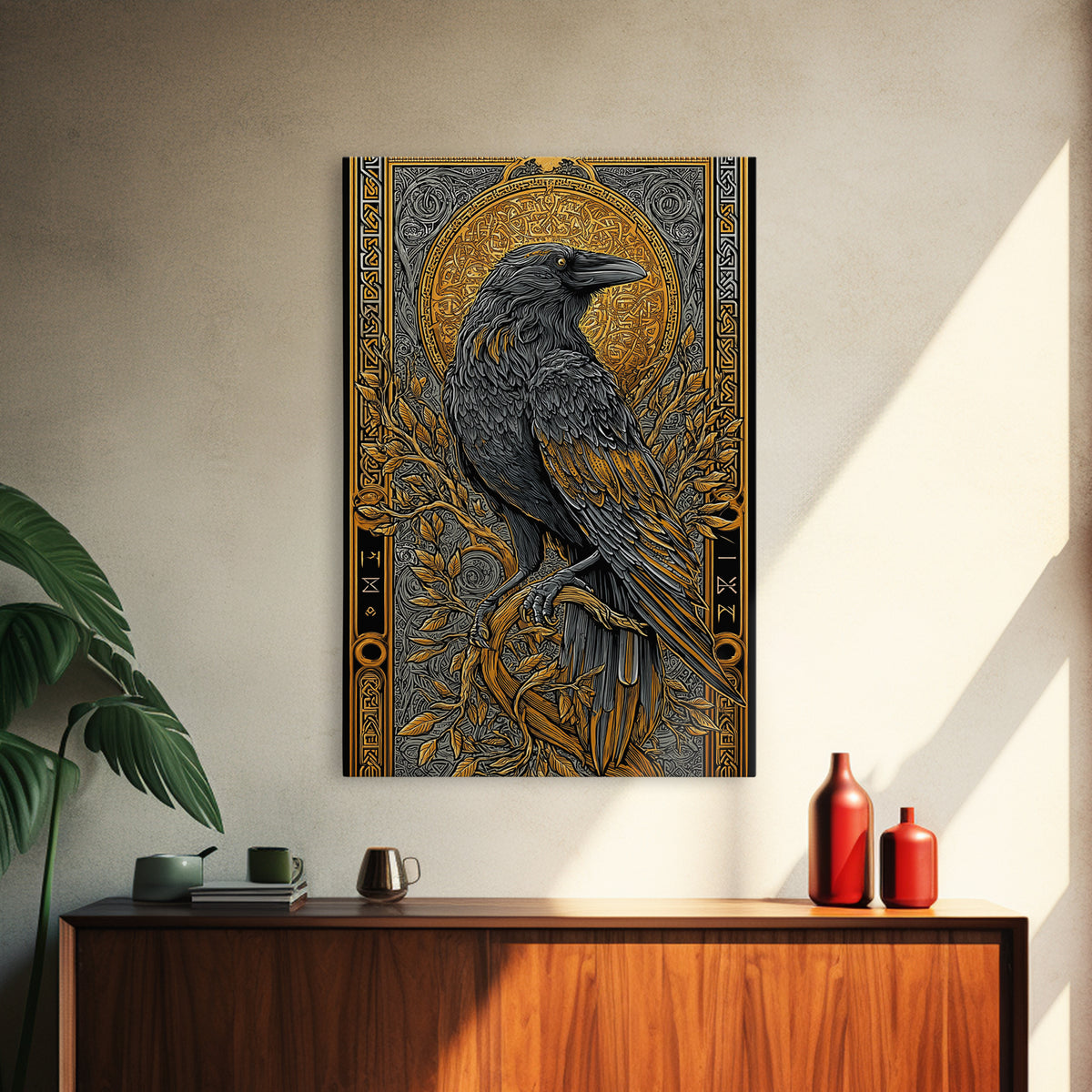 Hugin Raven Canvas Gold Art Canvas Art | Viking Odin Symbol Norse Mythology Decor | Man Cave Wall Art | Framed in Solid Wood