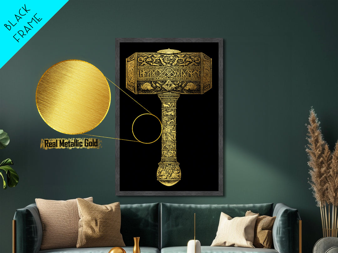 Viking Mjölnir Hammer Metallic Gold Art Metal Art | Nordic Mythology Pagan Symbol Wall Art Dad Gift | Office Decor in Wood Frame