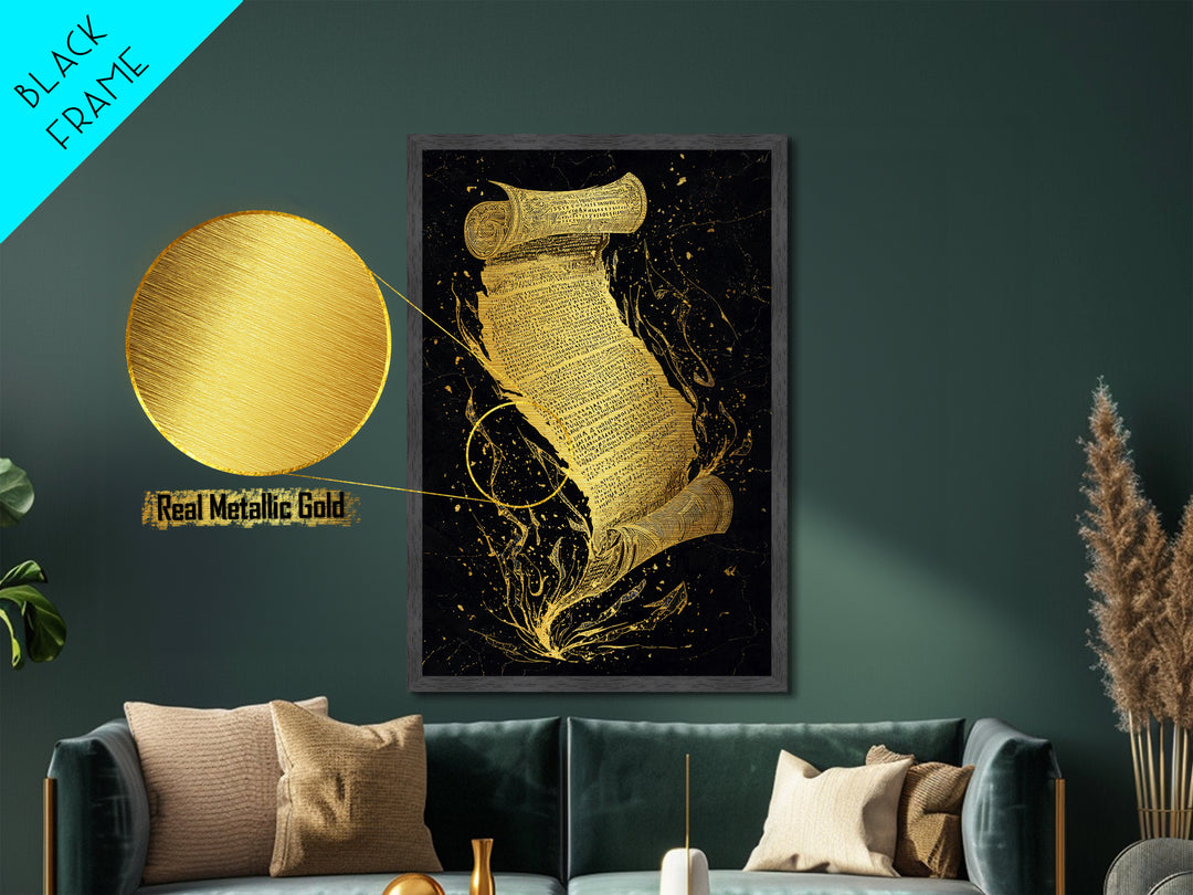 Runestone Scroll Metallic Gold Art Metal Art | Nordic Mythology Rune Wall Art Viking Pagan Decor | Natural Wood Frame Man Cave Art