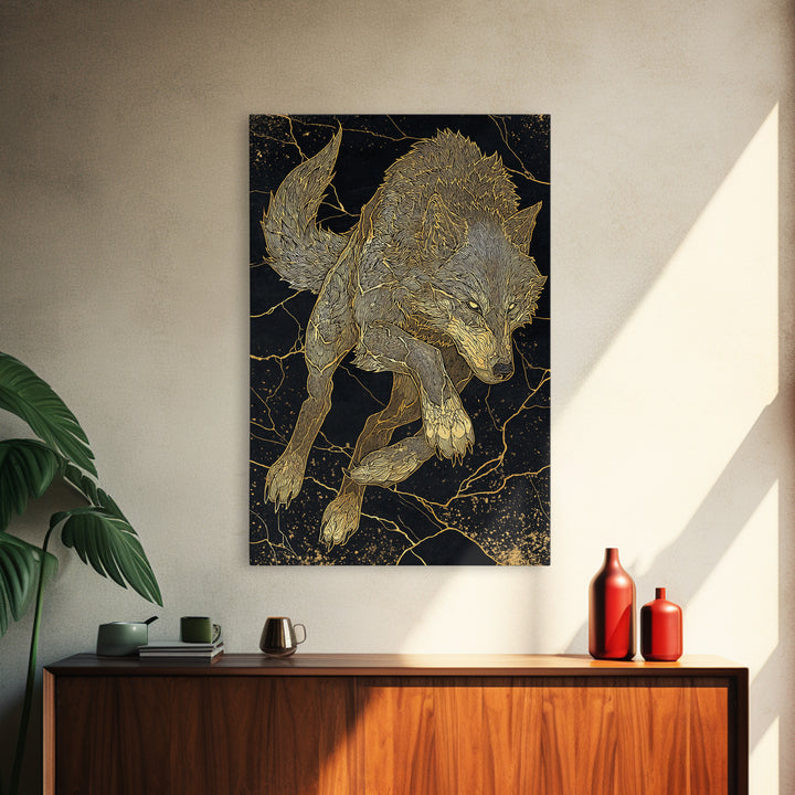 Fenrir Wolf Canvas Gold Art Canvas Art | Norse Mythology Beast Wall Art for Office Decor or Dad Gift | Framed in Real Wood