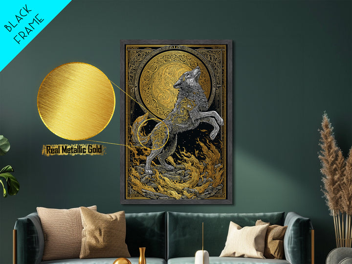 Mythic Wolf Spirit Metallic Gold Art Metal Art | Norse Viking Wall Art Pagan Symbol Decor for Man Cave | Set with Natural Wood Frame