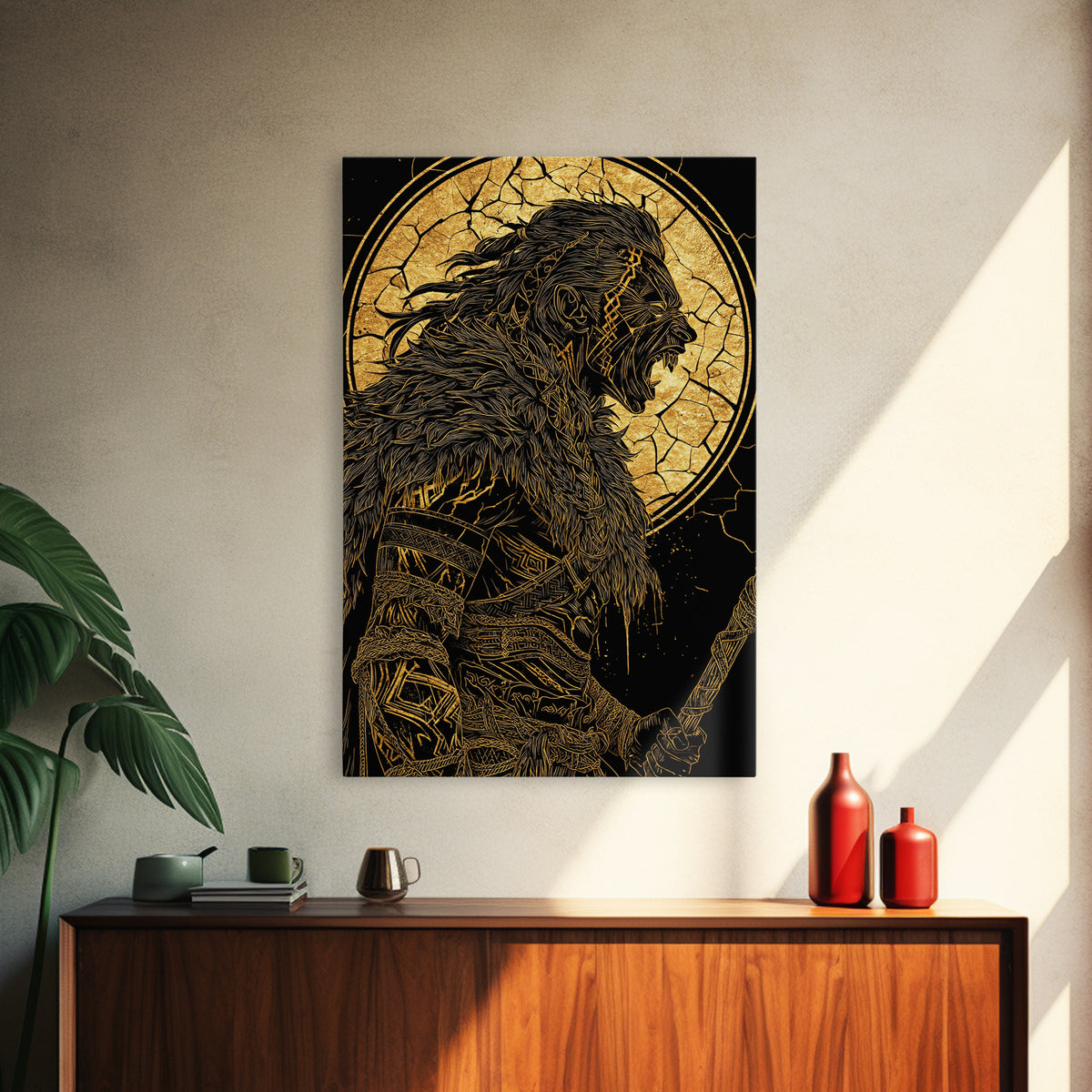 Fierce Viking Berserker Canvas Gold Art Canvas Art | Norse Mythology Warrior Wall Art Dad Gift | Mounted with Real Wood Frame