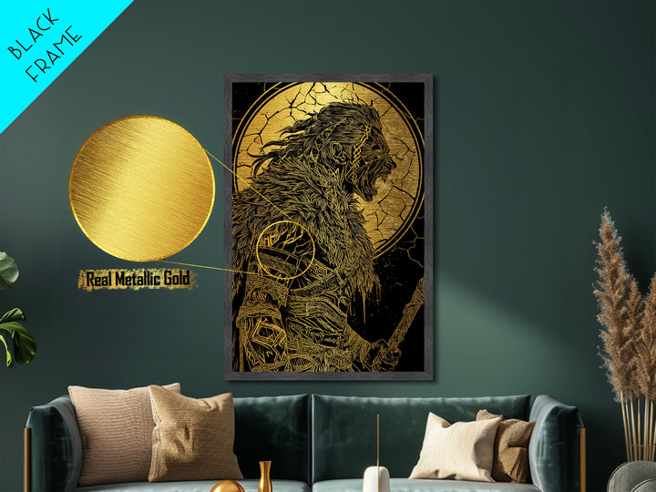 Fierce Viking Berserker Metallic Gold Art Metal Art | Norse Mythology Warrior Wall Art Dad Gift | Mounted with Real Wood Frame