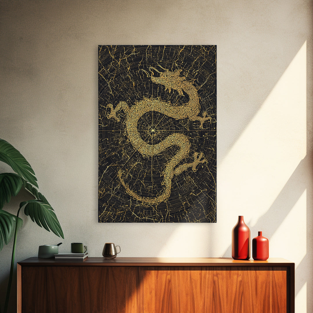 Dragon of Midgard Canvas Gold Art Canvas Art | Norse Mythology Serpent Jormungandr Wall Decor | Office Art with Real Wood Frame