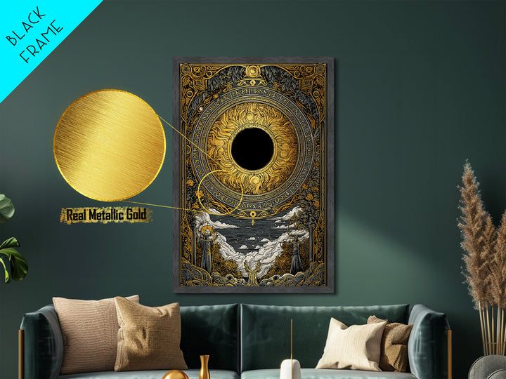 Solar Eclipse Nordic Metallic Gold Art Metal Art | Viking Pagan Wall Decor Mythology Office Art | Mounted in Solid Natural Wood