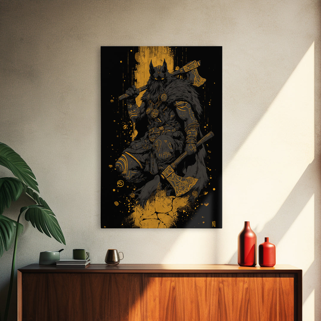 Odin’s Wolf Warrior Canvas Gold Art Canvas Art | Nordic Viking God Wall Decor for Man Cave or Office | Set in Solid Wood Frame