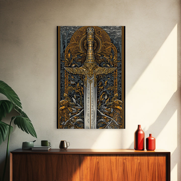 Nordic Forest Sword Canvas Gold Art Canvas Art | Viking Mythology Decor Pagan Warrior Weapon Wall Art | Mounted with Wood Frame