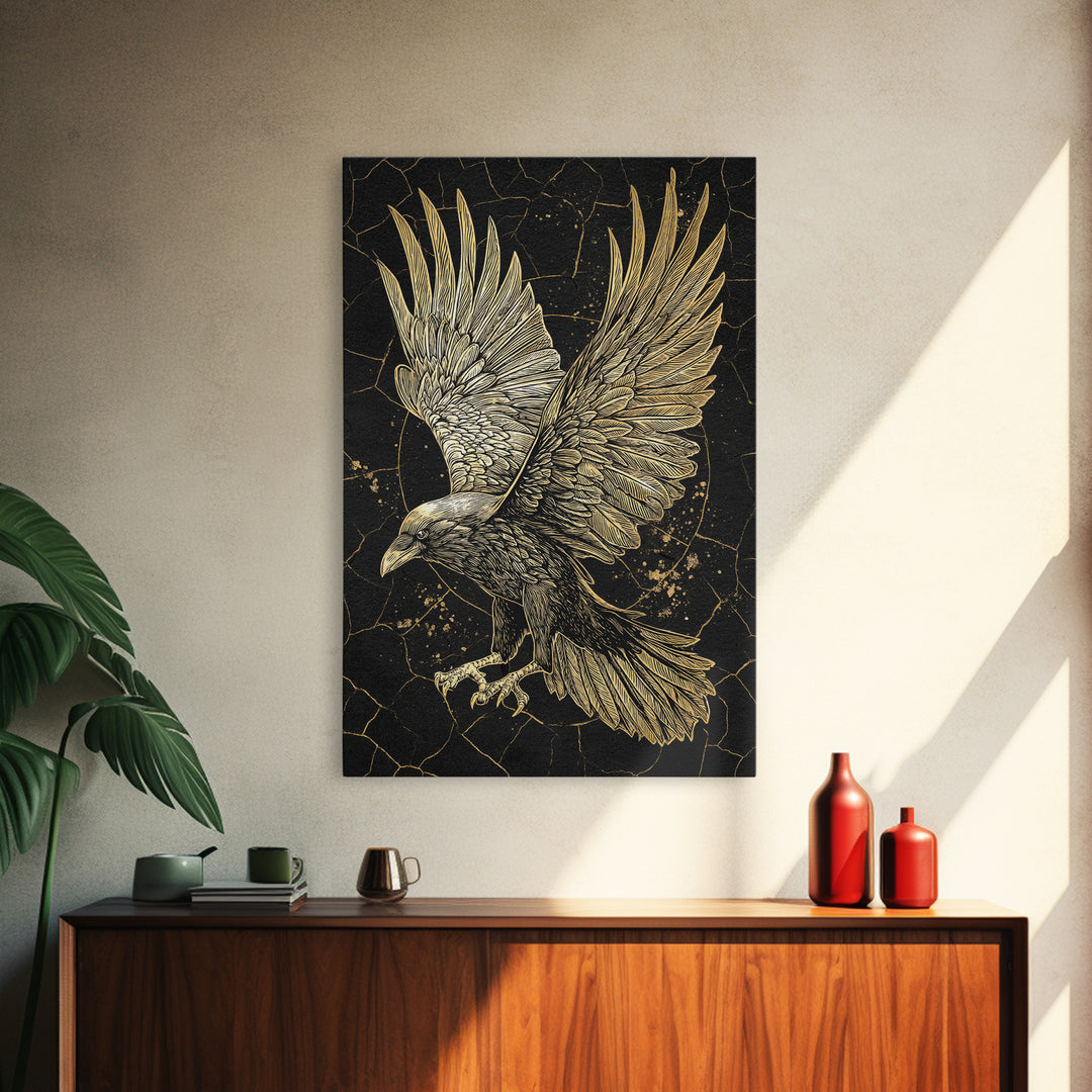 Odin’s Raven Canvas Gold Art Canvas Art | Viking Mythology Wall Decor for Office or Dad Gift | Framed with Solid Wood