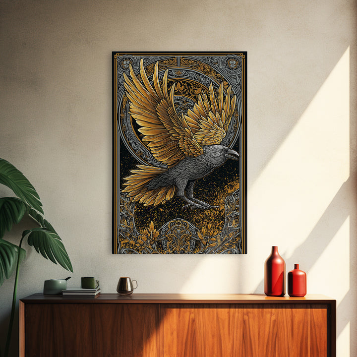 Huginn and Muninn Raven Canvas Gold Art Canvas Art | Norse Mythology Wall Hanging for Man Cave Decor | Real Wood Frame Included