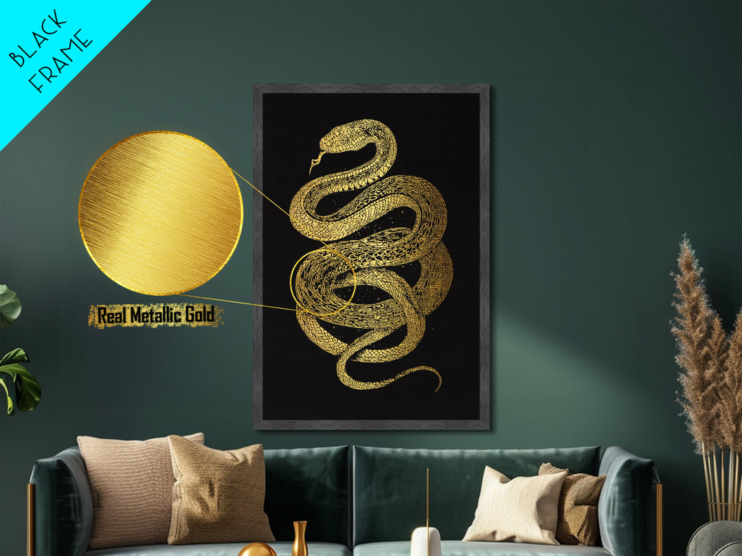 Jormungandr Serpent Metallic Gold Art Metal Art | Viking Snake Norse Mythology Wall Art for Office or Man Cave | Framed in Wood