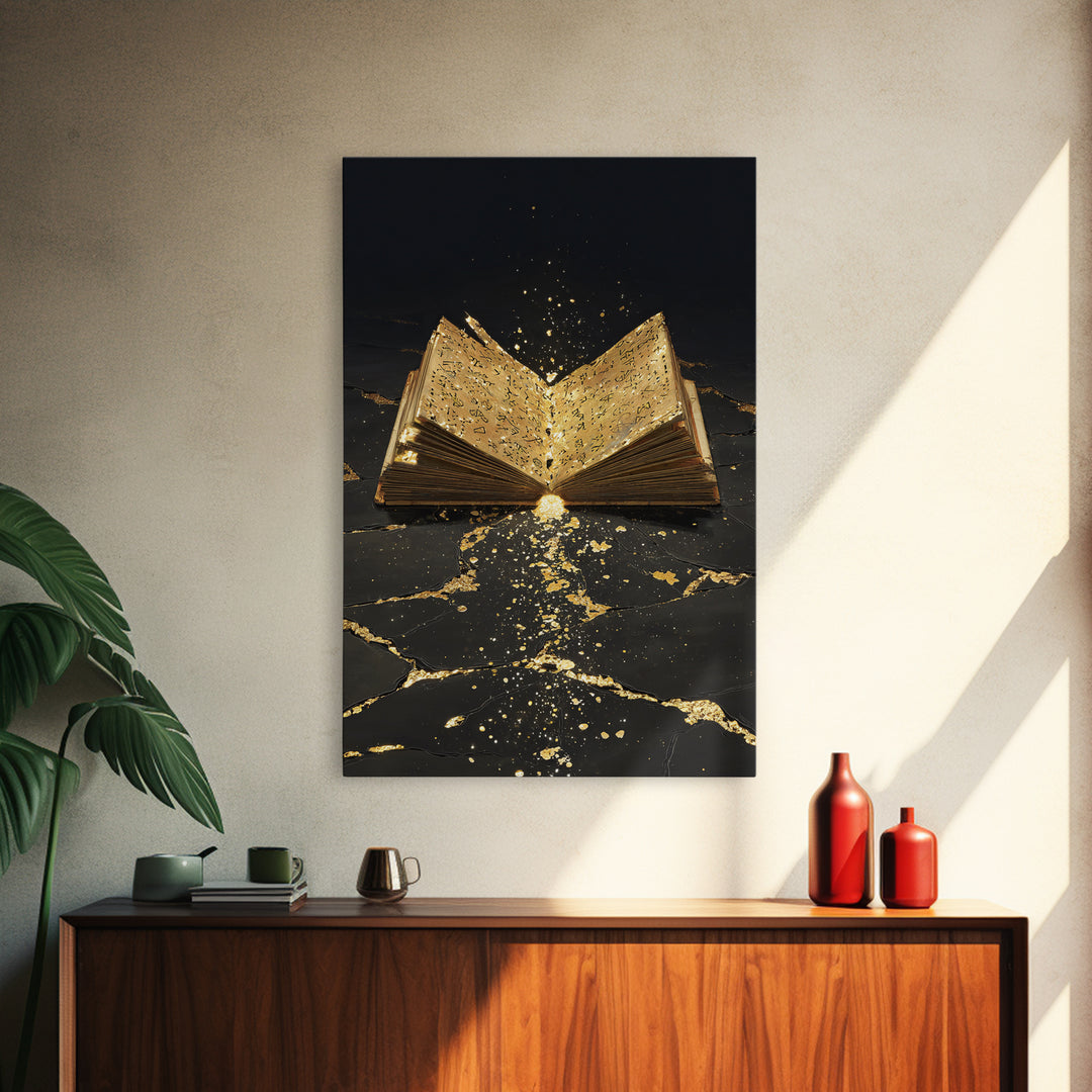 Ancient Rune Book Canvas Gold Art Canvas Art | Norse Mythology Viking Decor for Office Art or Man Cave | Natural Wood Framing