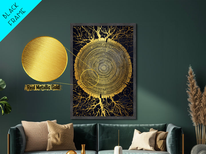 Metallic Gold Art of Yggdrasil Inspired Tree Rings, Norse Mythology Metal Art for Dad Gift or Study, handcrafted real wood frame