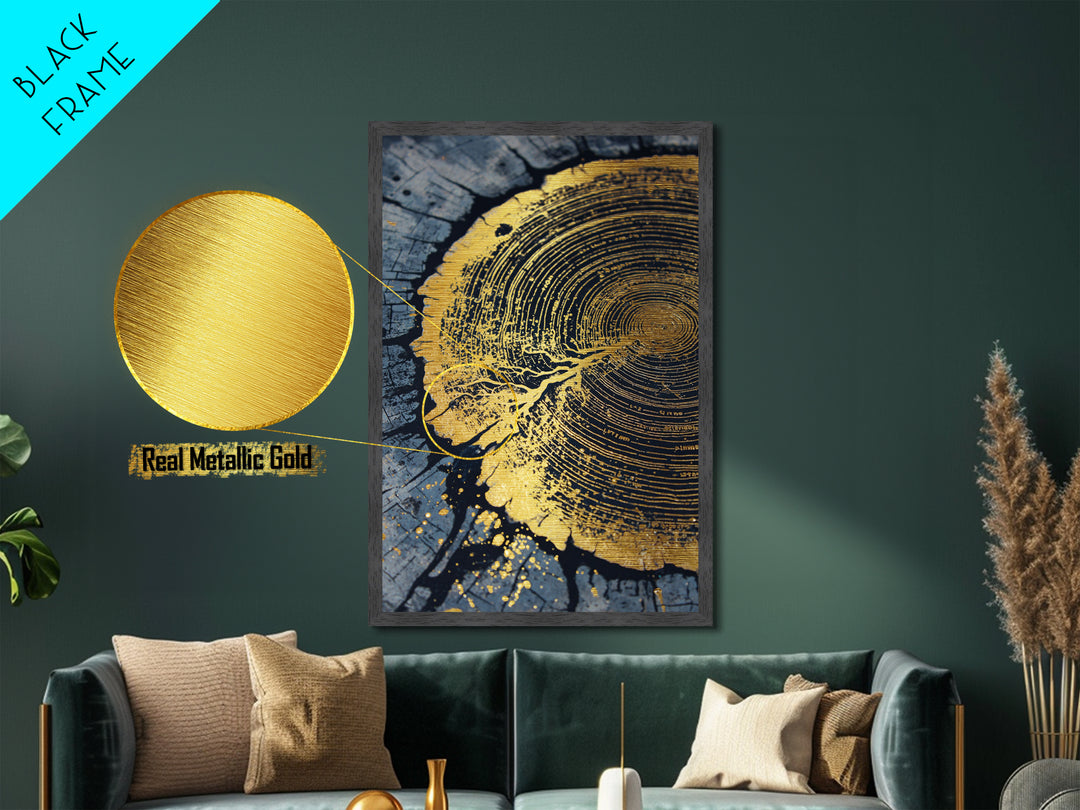 Odin’s Yggdrasil Tree Ring Metallic Gold Art, Nordic Mythology Metal Art for Man Cave or Office, framed in natural real wood