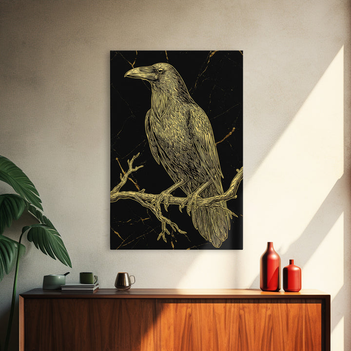 Raven Canvas Gold Art Wall Decor, Huginn and Muninn Inspired Norse Mythology Canvas Art for Office or Man Cave, in real wood frame