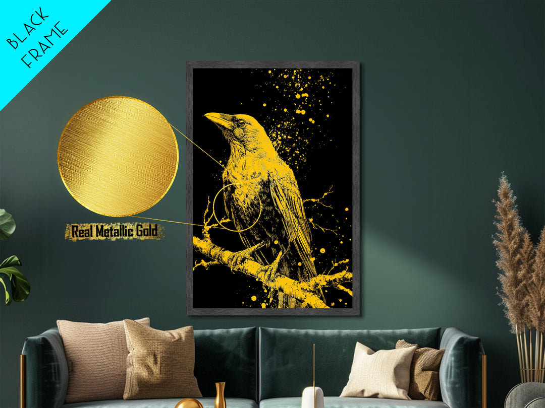 Nordic Mythology Raven Metallic Gold Art, Odin’s Huginn Raven Metal Art for Dad Gift, Office or Study, framed with natural wood