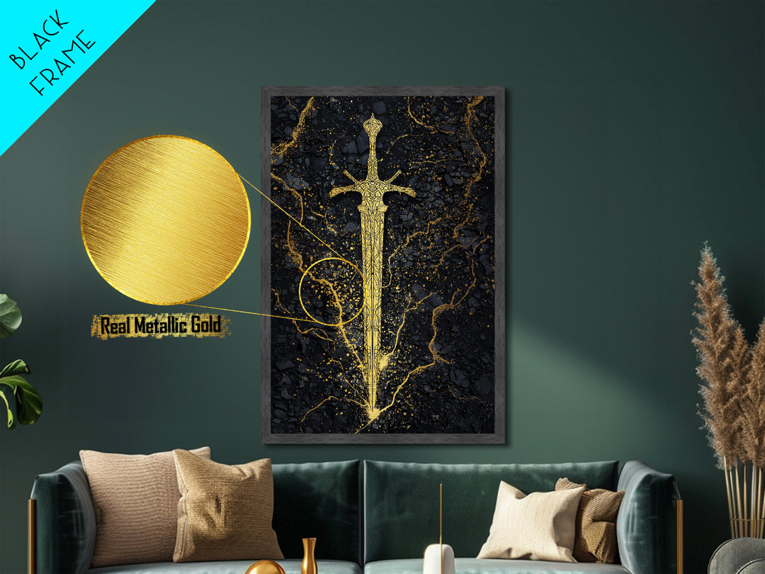 Nordic Sword of Legends Metallic Gold Art, Norse Mythology Inspired Metal Art for Man Cave or Office, with real wood frame