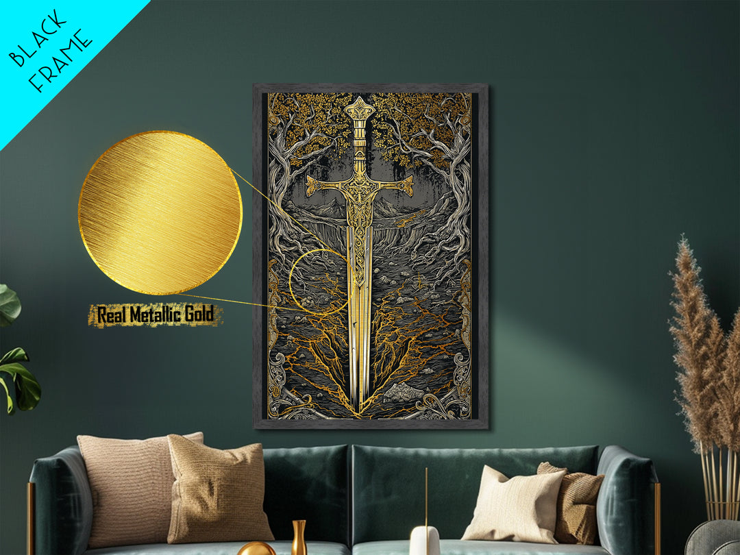 Yggdrasil Sword Metallic Gold Art, Nordic Mythology Metal Art for Office or Dad Gift, handcrafted and framed in real natural wood