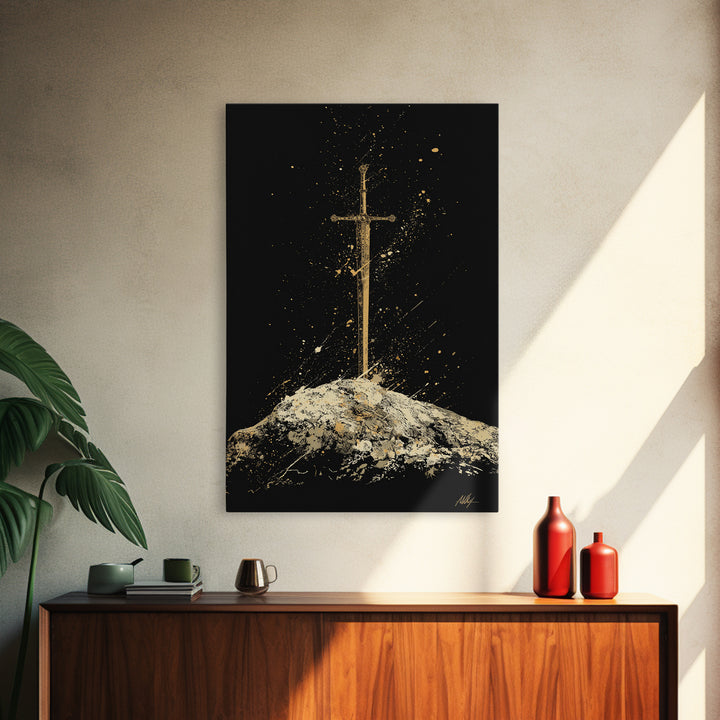 Sword in Stone Canvas Gold Art Canvas Art | Nordic Mythology Viking Weapon Wall Decor Office Art | Framed in Authentic Real Wood