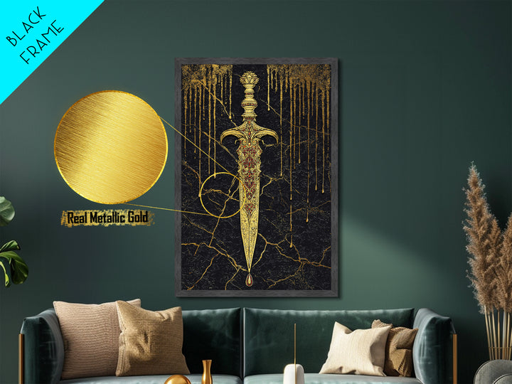 Norse Royal Dagger Metallic Gold Art Metal Art | Viking Weapon Mythology Wall Decor Office Art | Framed with Solid Natural Wood