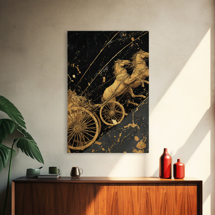 Norse Chariot Canvas Gold Art Canvas Art | Viking Mythology Horse Chariot Wall Decor for Office or Man Cave | Framed in Natural Wood