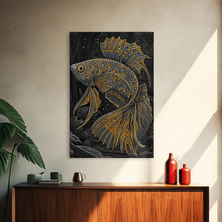 Canvas Gold Art Nordic Fish Canvas Art Wall Hanging, Viking Sea Symbol Decor for Office or Dad Gift, Framed with Real Wood
