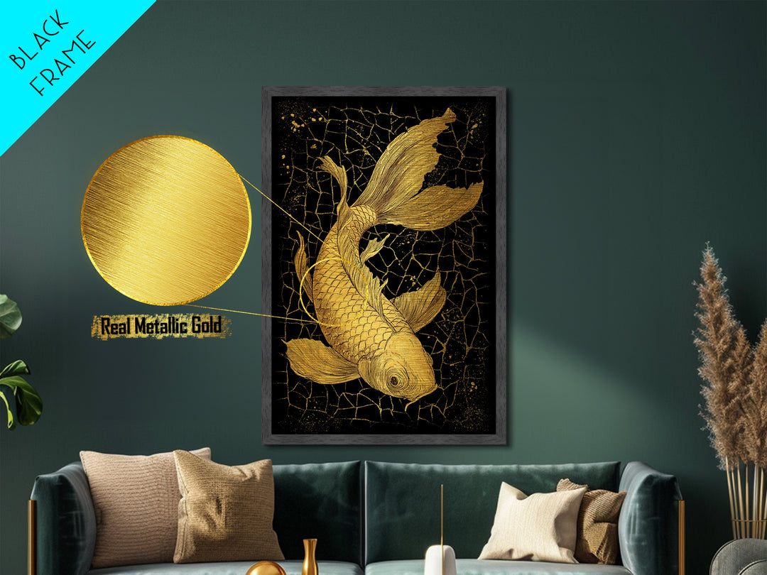 Nordic Mythology Metallic Gold Art Metal Art Koi Fish Wall Decor, Viking Inspired Gift for Men, Framed in Real Wood