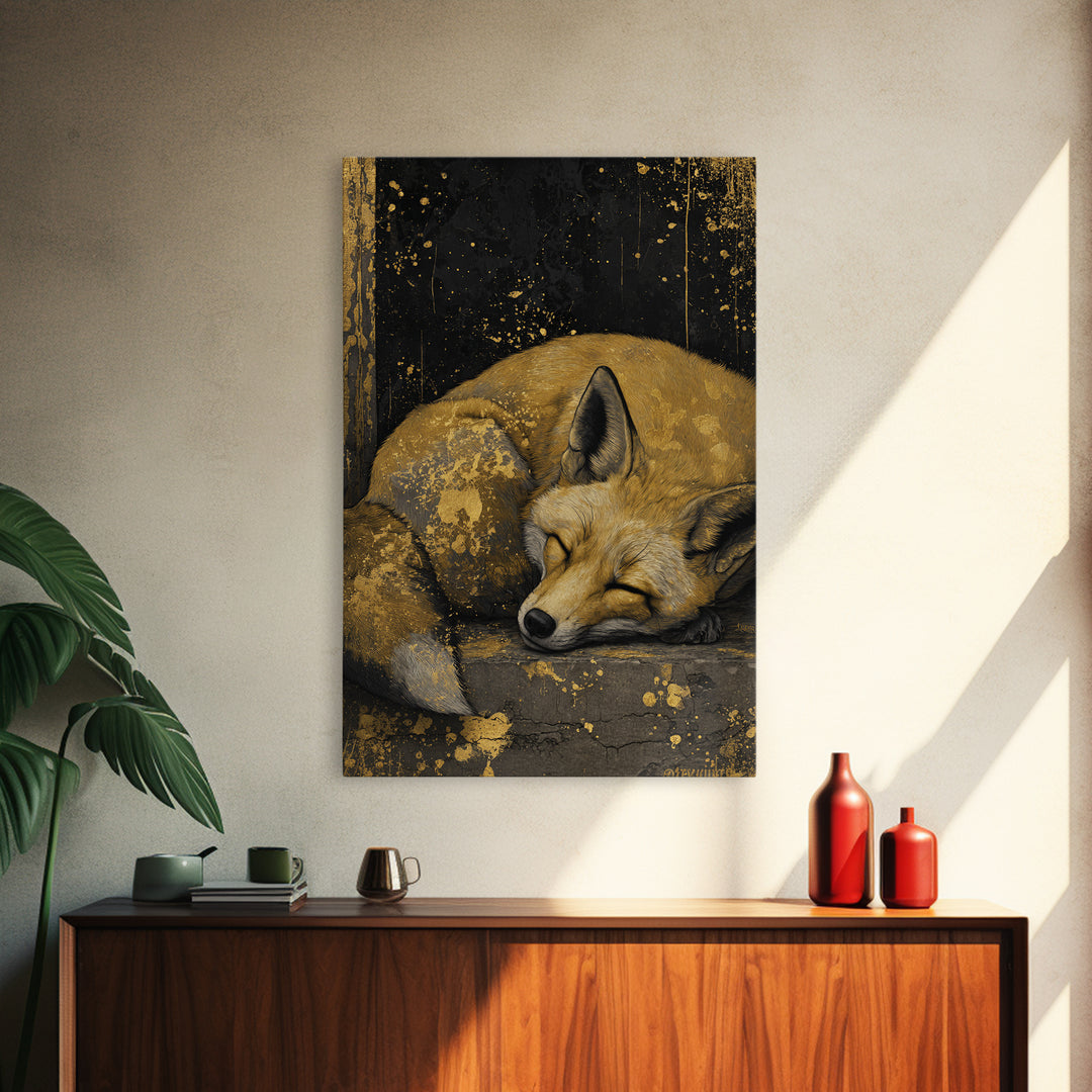 Canvas Art Nordic Fox Canvas Gold Art Wall Hanging, Viking Mythology Decor Gift for Dad or Husband, Framed in Real Wood