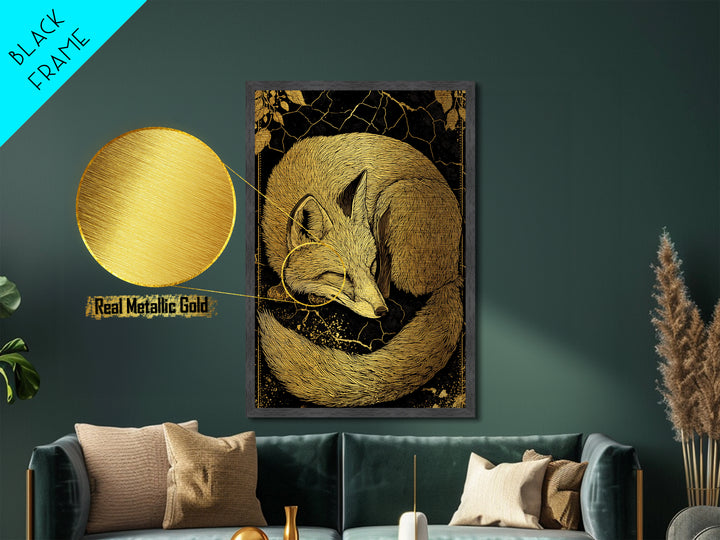 Nordic Sleeping Fox Metallic Gold Art Metal Art Decor, Viking Myth Inspired Animal Wall Hanging with Natural Wood Frame