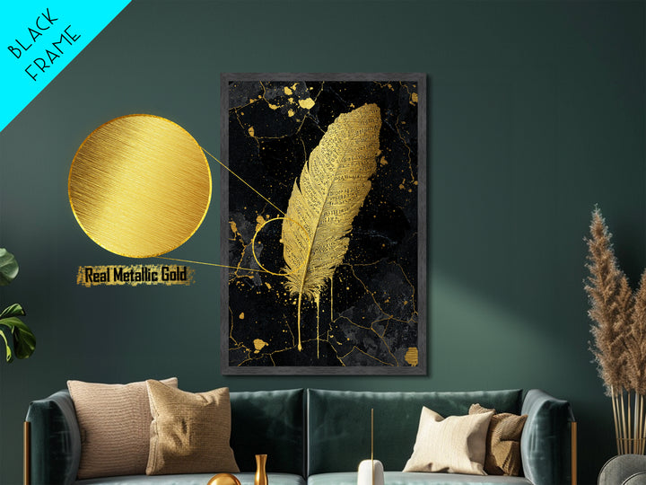 Runic Feather Metallic Gold Art, Nordic Mythology Inspired Metal Art for Office or Man Cave, Framed in Natural Wood