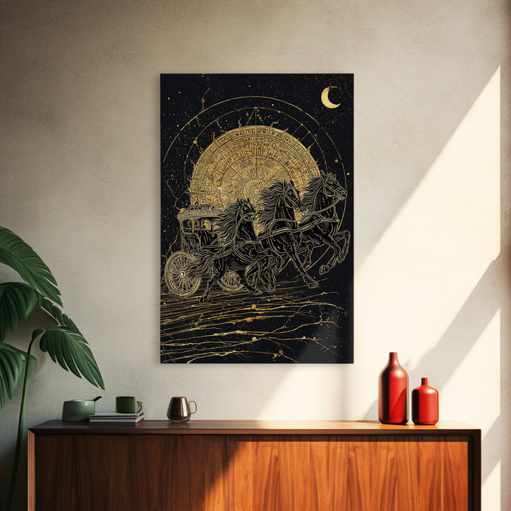 Norse Sun Chariot Canvas Gold Art, Nordic Mythology Horses Canvas Art for Dad Gift or Office Decor, with Real Wood Frame