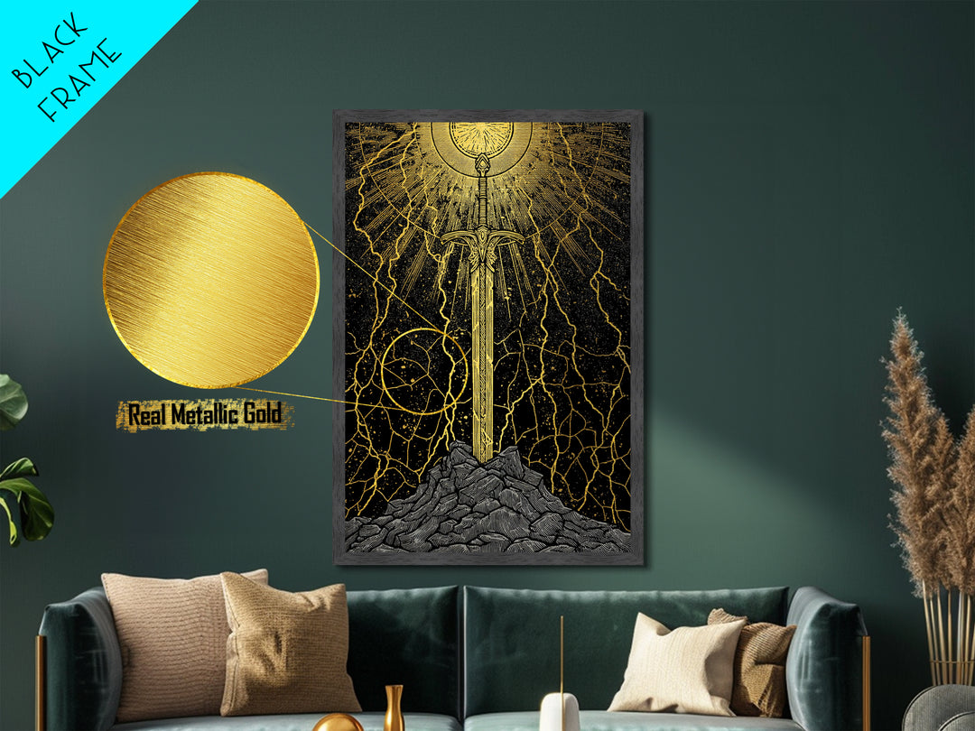 Viking Sword Metallic Gold Art, Norse Mythology Weapon Metal Art with Lightning, Office Wall or Dad Gift, Framed in Wood