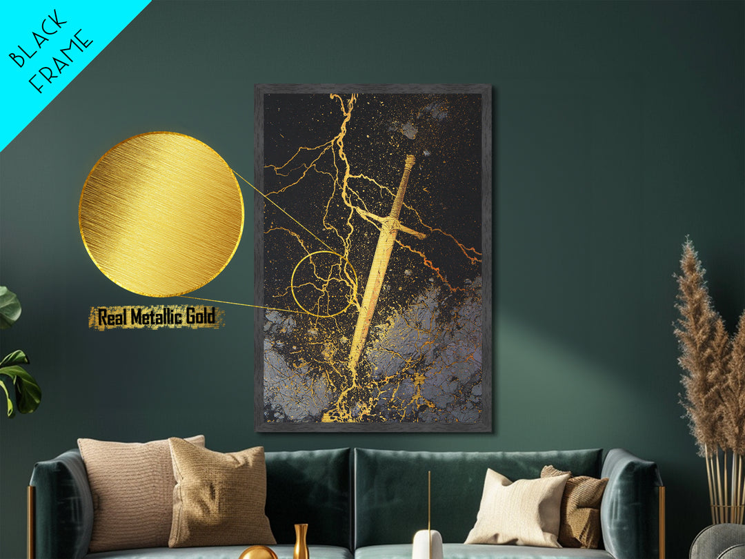 Runed Viking Sword Metallic Gold Art, Nordic Mythology Inspired Metal Art for Office Wall or Man Cave, Natural Wood Frame