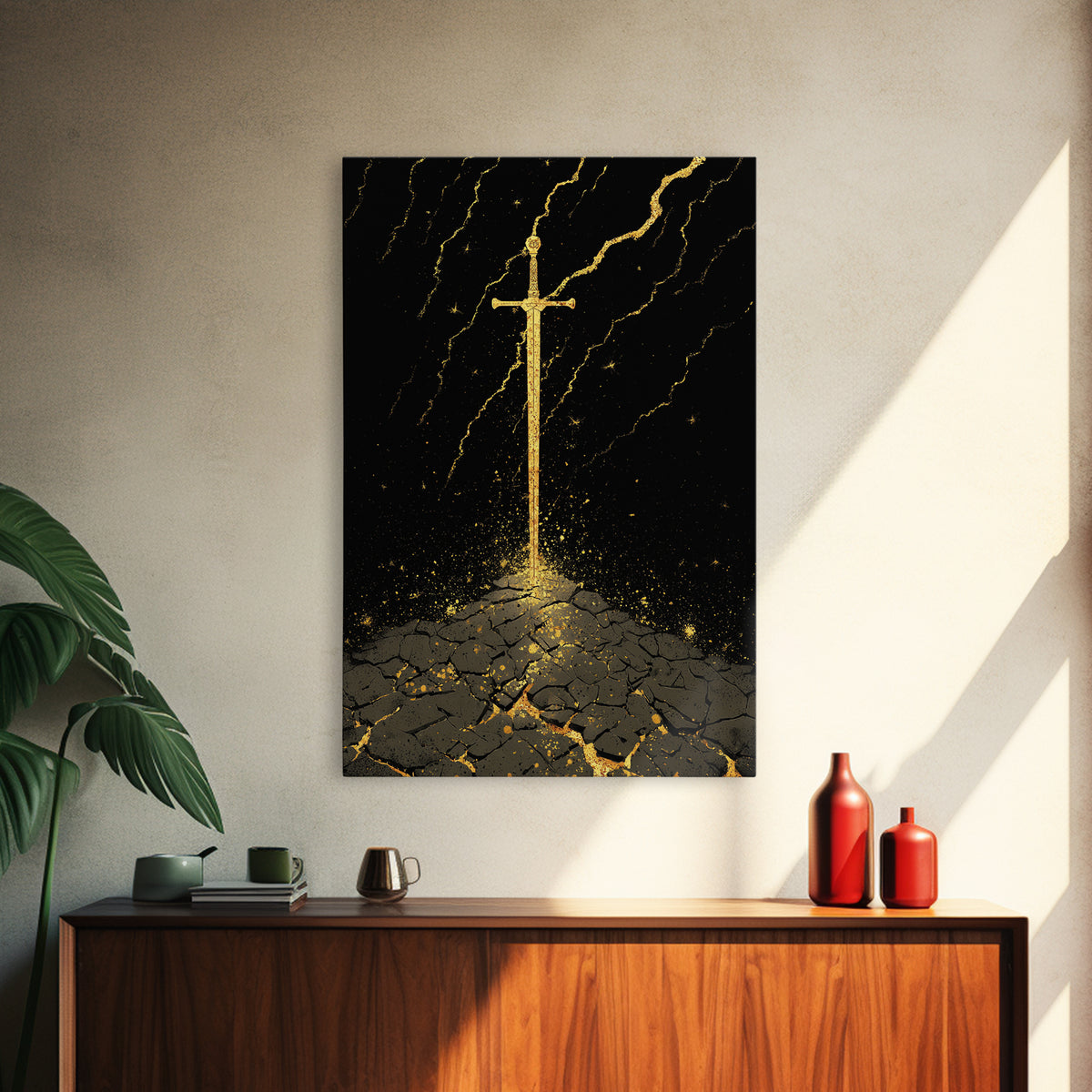 Odin’s Throne Canvas Gold Art, Viking Wolves and Norse Mythology Canvas Art for Man Cave or Office Wall, with Real Wood Frame