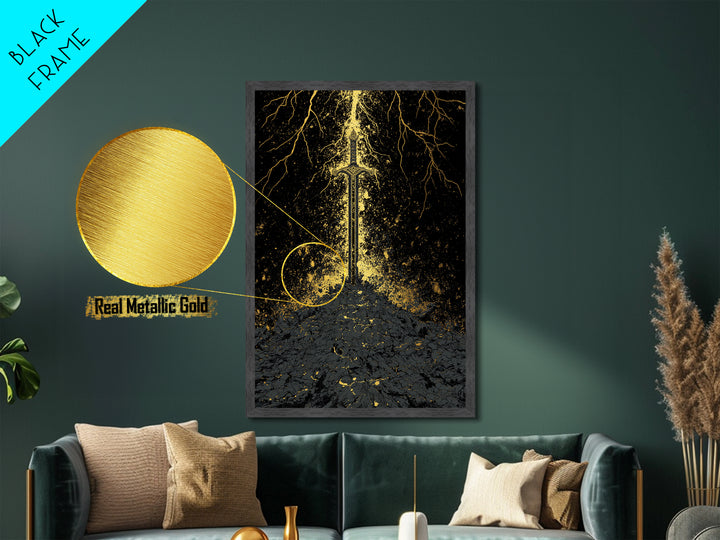 Nordic Throne Metallic Gold Art, Viking Symbolism Metal Art with Wolves and Carvings, Office or Dad Gift, Framed in Natural Wood