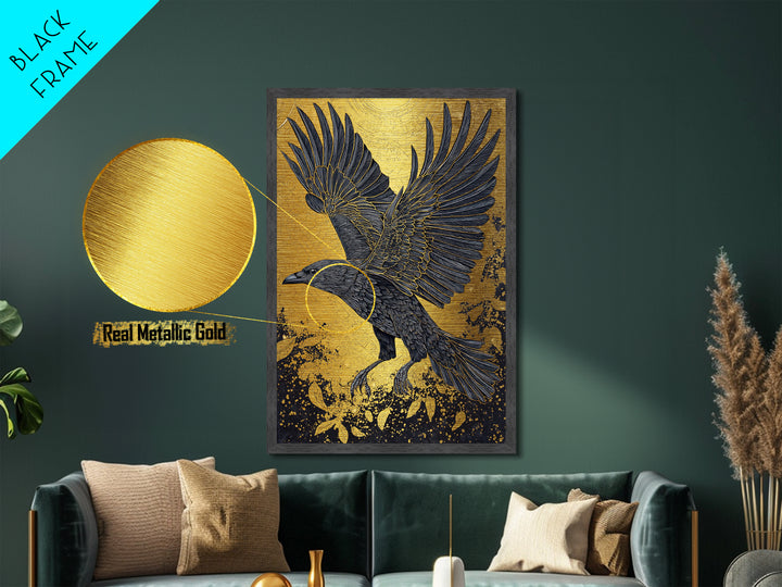 Raven of Odin Metallic Gold Art Metal Art | Norse Mythology Wall Decor | Viking Symbol Office Art Dad Gift | Natural Wood Frame