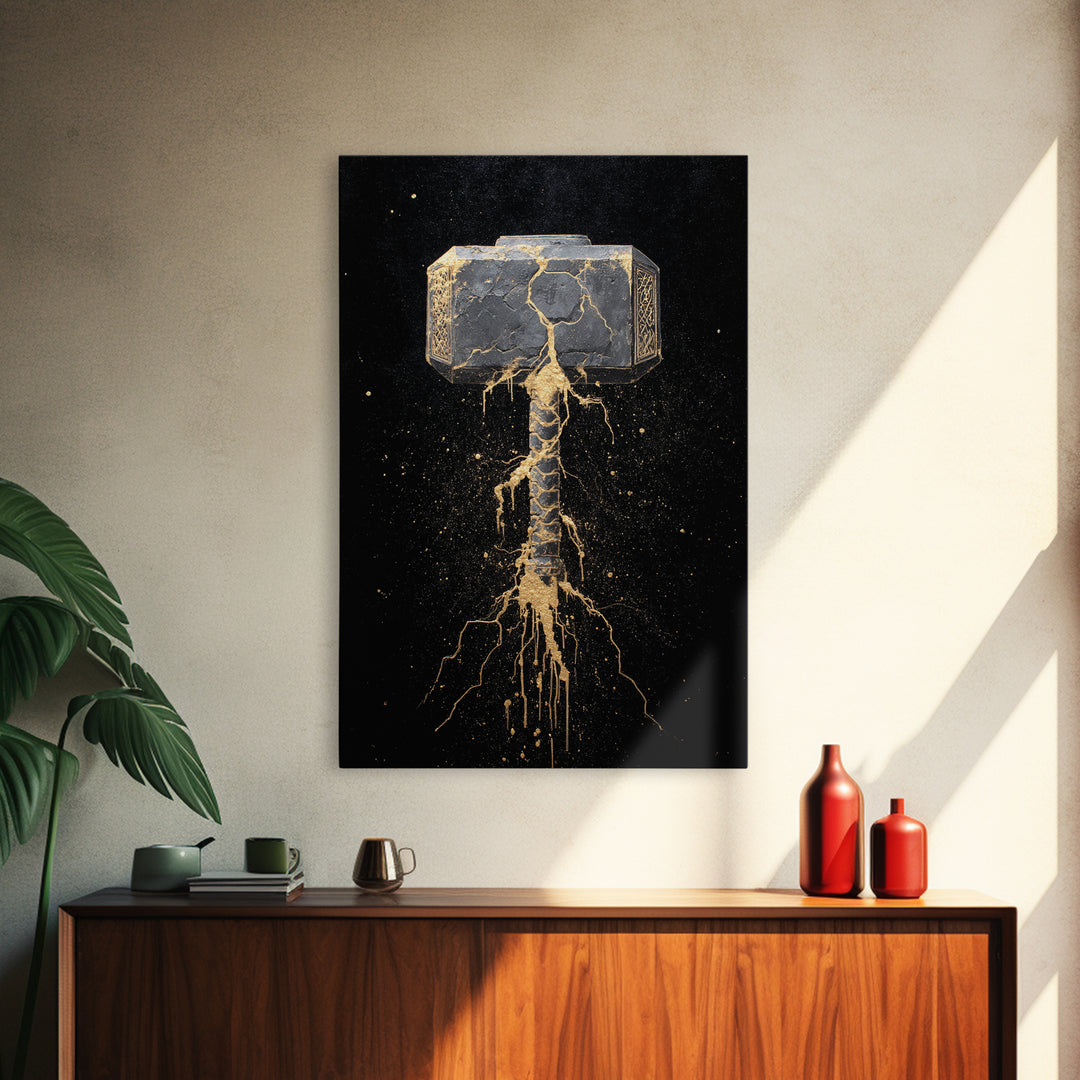 Thor’s Hammer Mjolnir Canvas Gold Art, Norse Canvas Art Wall Decor for Man Cave or Office, Viking Gift framed with real wood