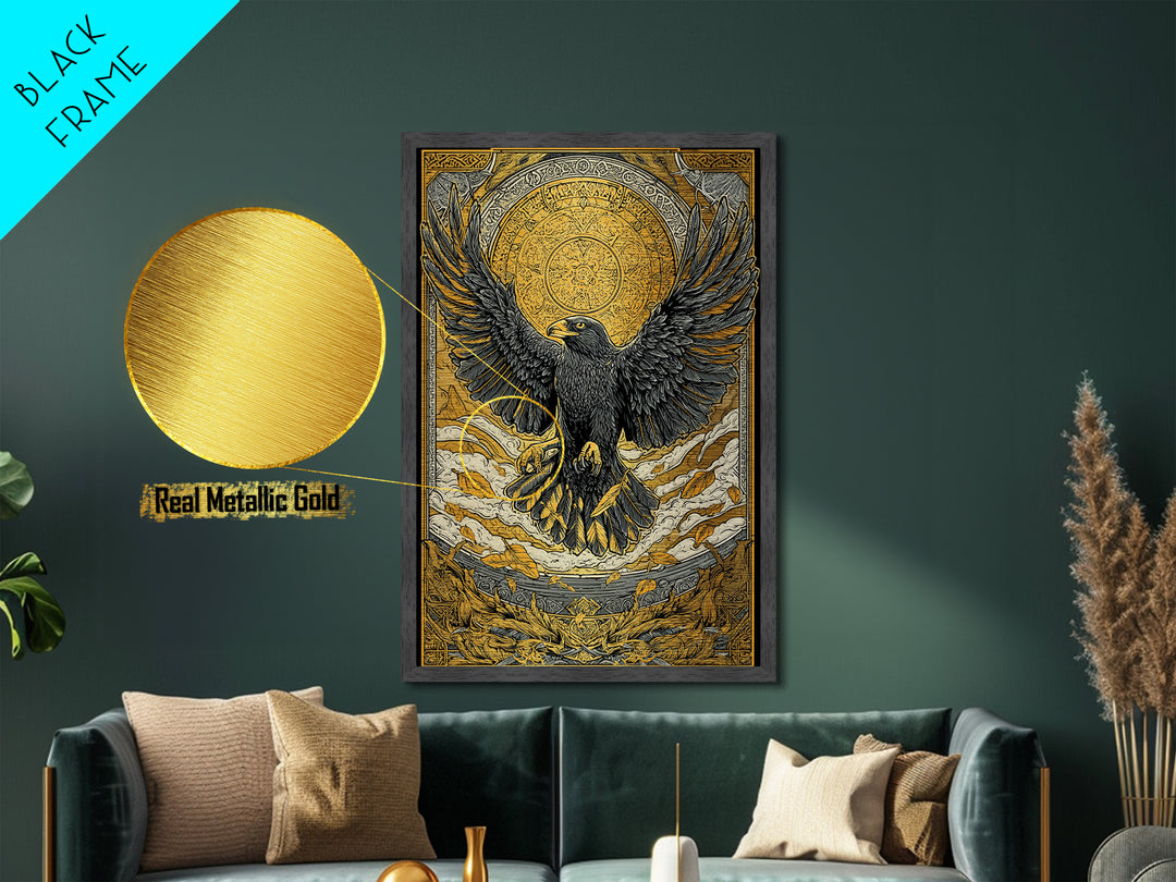Nordic Eagle Guardian Metallic Gold Art Metal Art | Viking Wall Decor Norse Mythology Art for Men | Mounted in Real Wood Frame