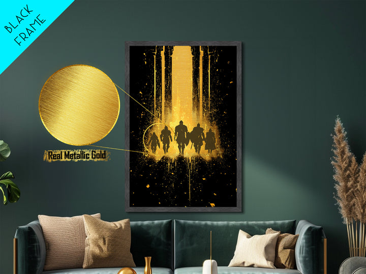 Norse Warriors Metallic Gold Art, Viking Metal Art Wall Decor with Epic Battle Silhouettes, Man Cave Gift framed in real wood