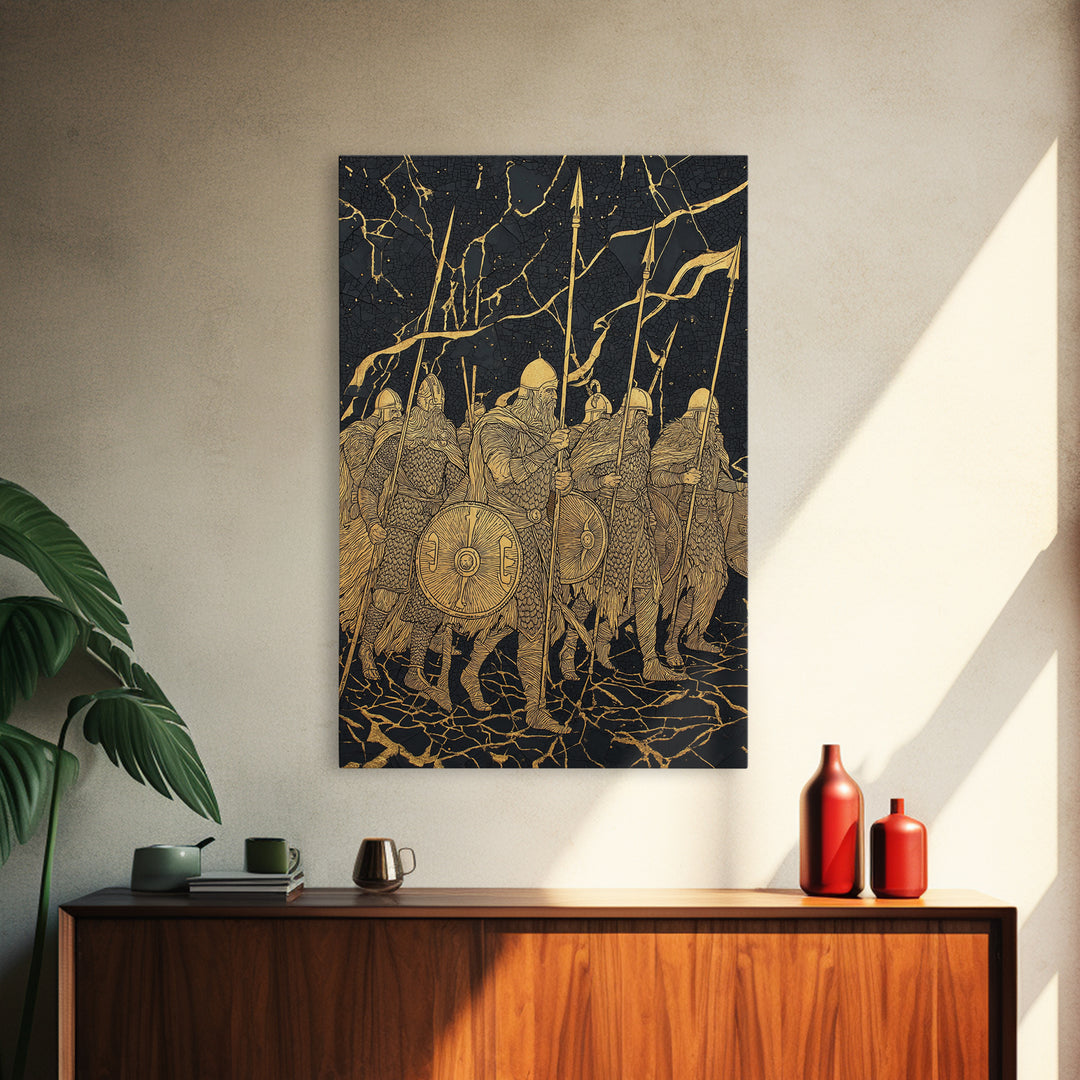 Viking Army March Canvas Gold Art Canvas Art | Norse Warrior Battle Scene Wall Decor for Man Cave or Office | Framed in Real Wood