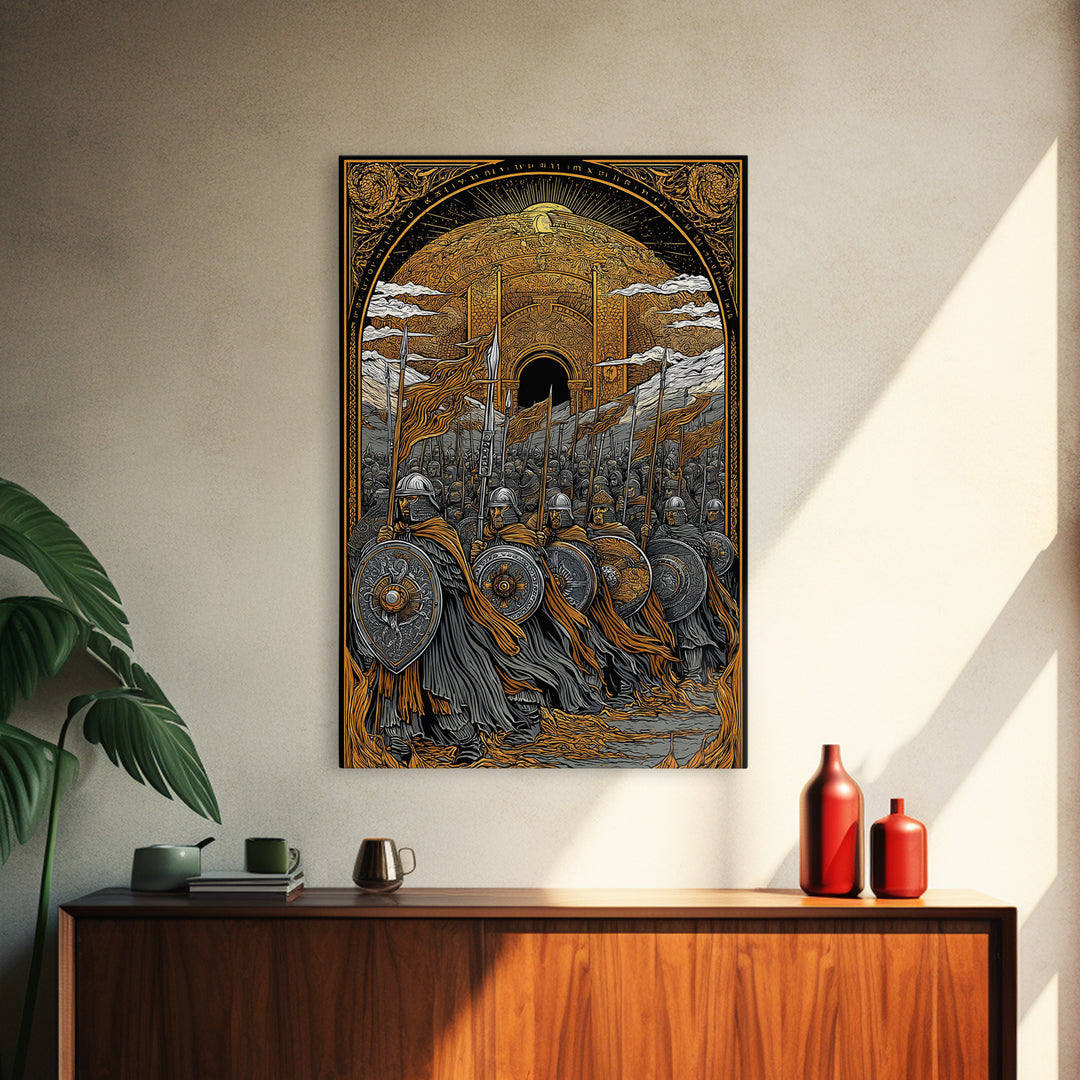 Asgardian Army Canvas Gold Art Canvas Art | Norse Mythology Wall Decor with Viking Soldiers | Office or Dad Gift in Wood Frame