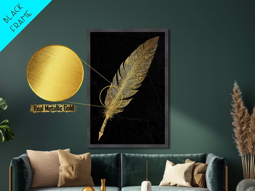 Runic Feather Quill Metallic Gold Art Metal Art | Viking Mythology Writing Symbol Wall Decor | Office or Study Gift with Wood Frame
