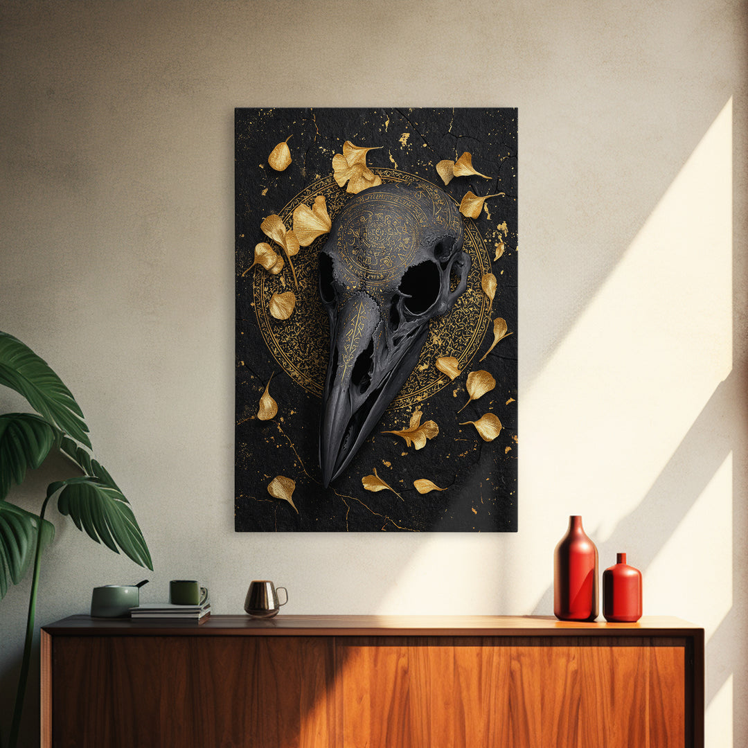 Raven Skull Canvas Gold Art Canvas Art | Odin’s Symbol Norse Mythology Wall Decor | Man Cave or Office Art with Natural Wood Frame