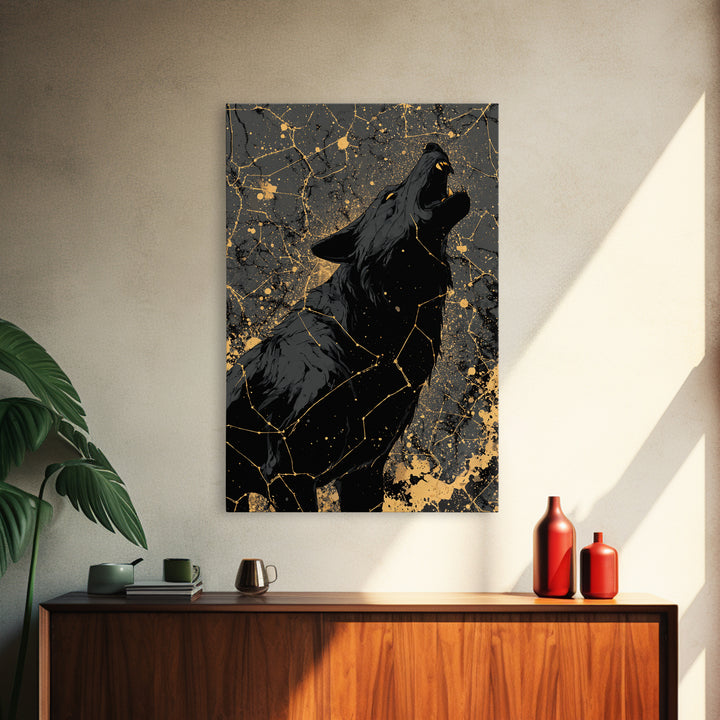 Viking Fenrir Wolf Canvas Gold Art Canvas Art Norse Mythology Wall Decor, framed in real wood, Man Cave Office Art, Nordic Dad Gift