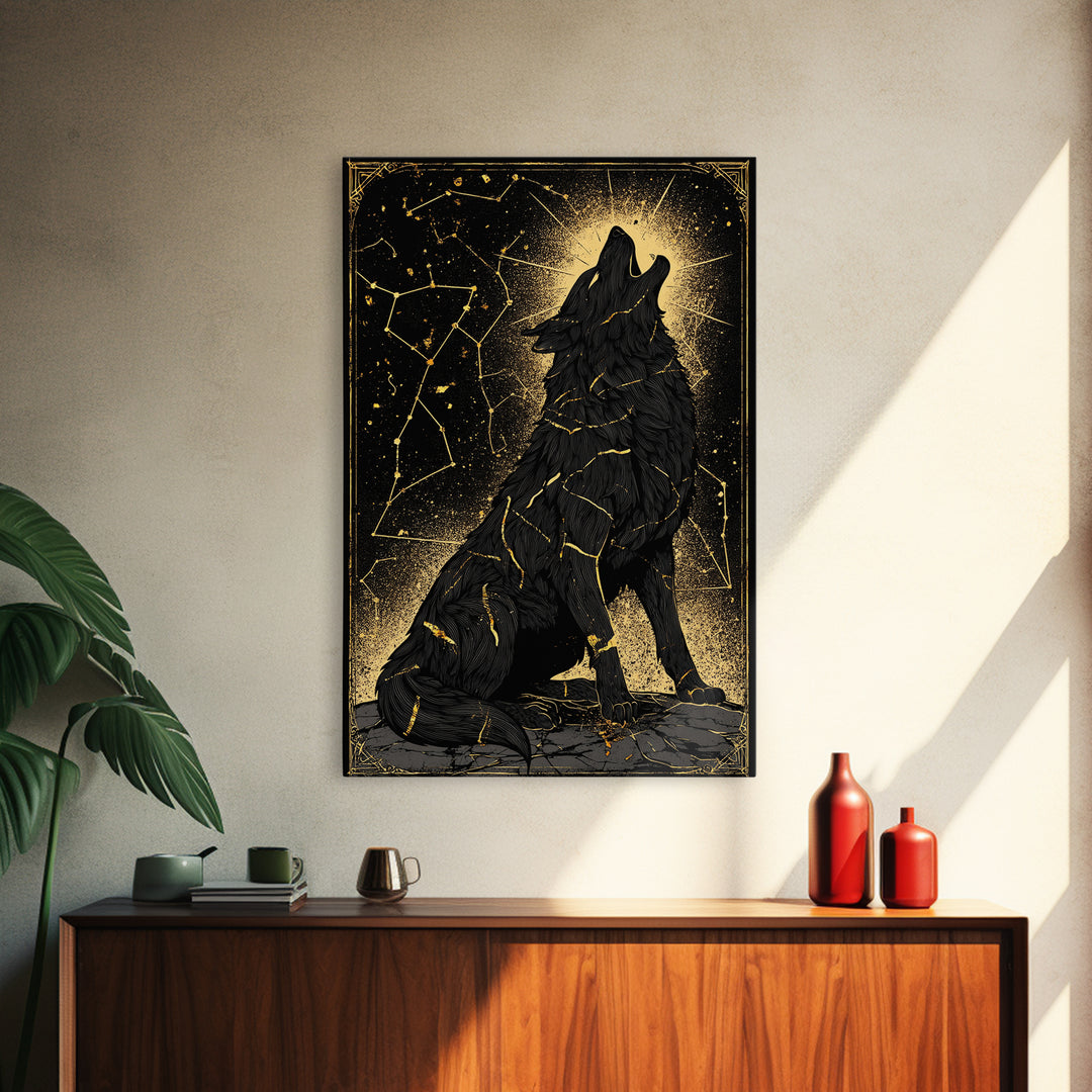 Fenrir Wolf Canvas Gold Art Canvas Art – Norse Mythology Wall Decor of Giant Wolf, Viking Office or Man Cave Gift, framed in wood