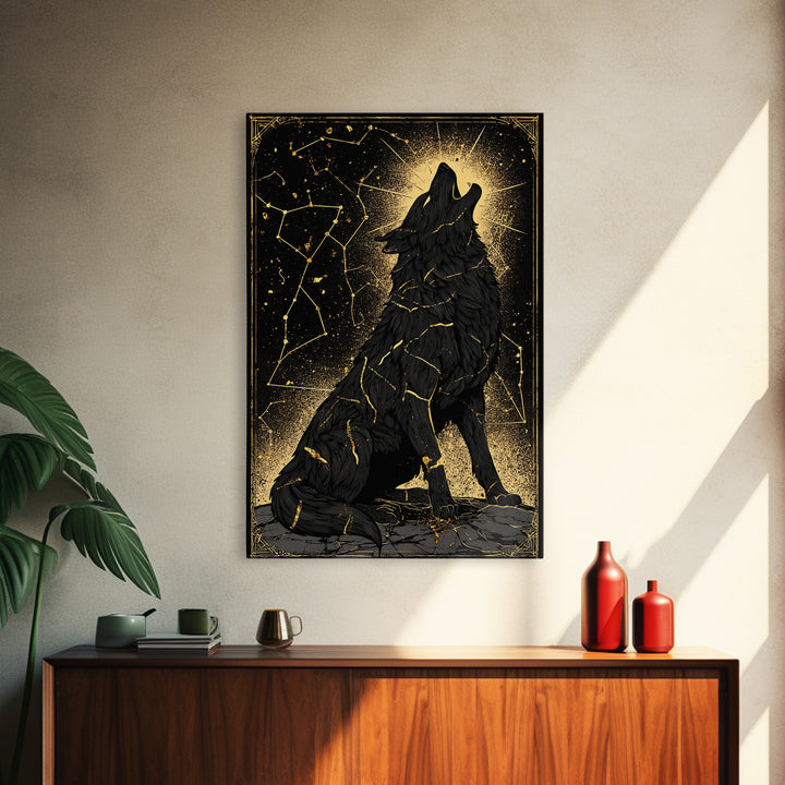 Fenrir Wolf Canvas Gold Art Canvas Art – Norse Mythology Wall Decor of Giant Wolf, Viking Office or Man Cave Gift, framed in wood